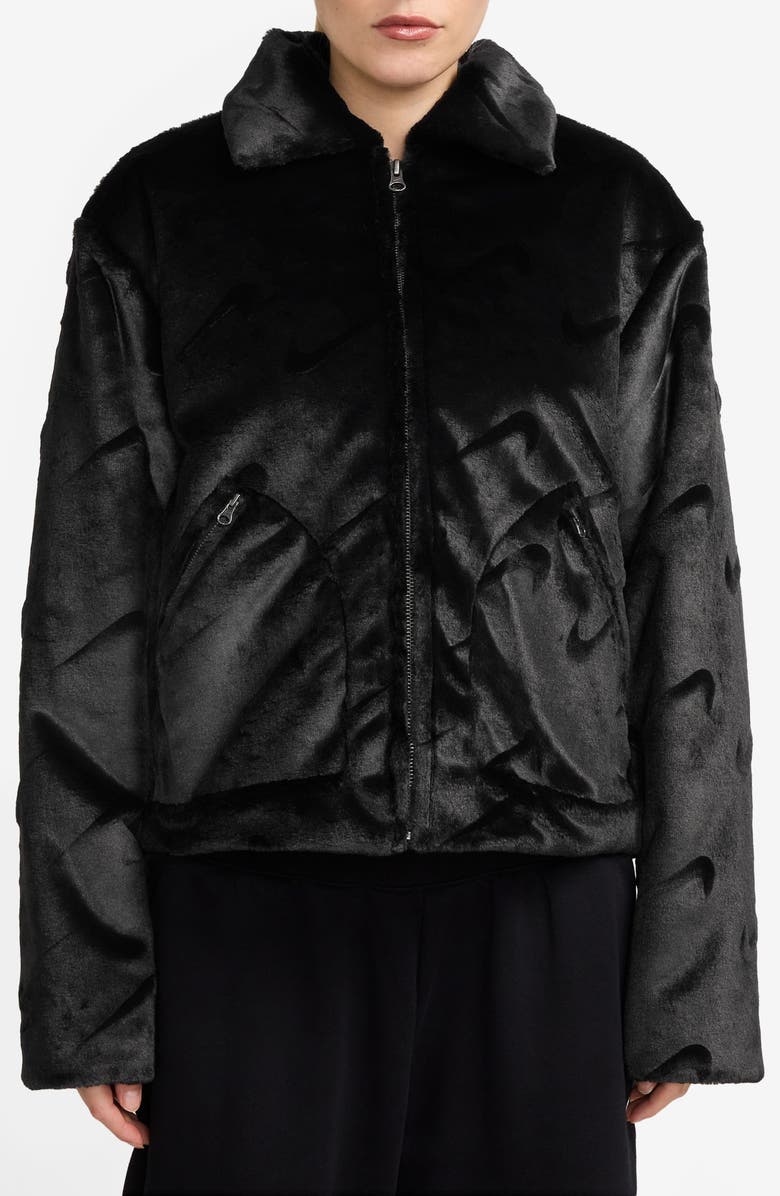 Nike Sportswear Essential Loose Fit Logo Debossed Faux Fur Jacket, Main, color, 