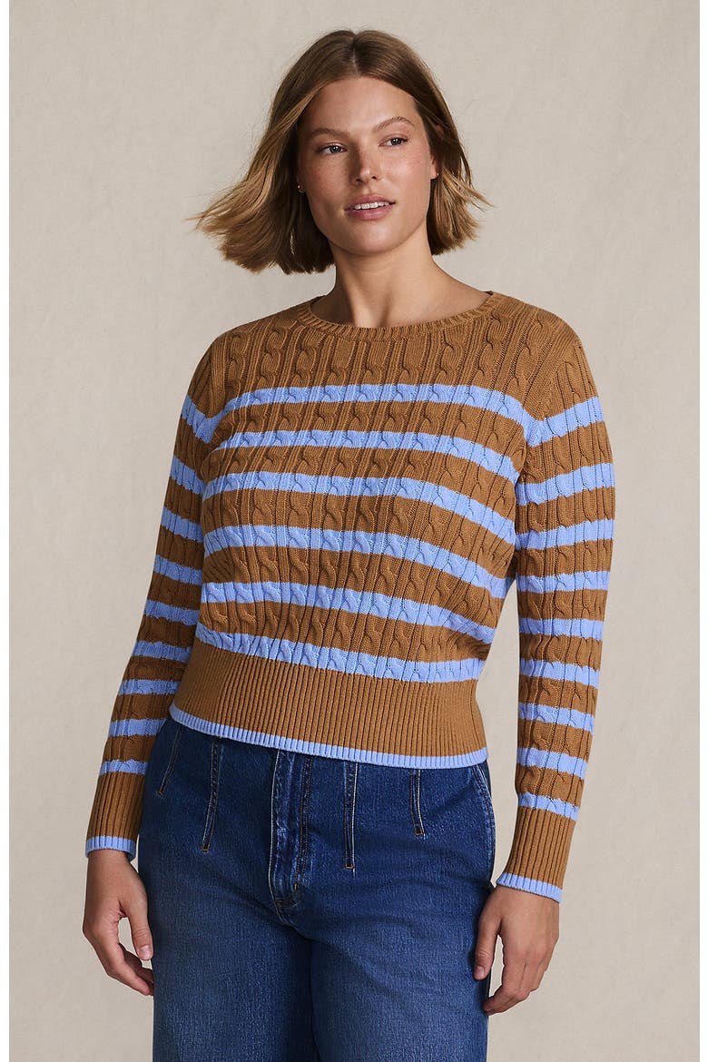 Plus Size Drifter Modern Cable Crew Sweater, Main, color, Canyon Camel/Blue Stripe