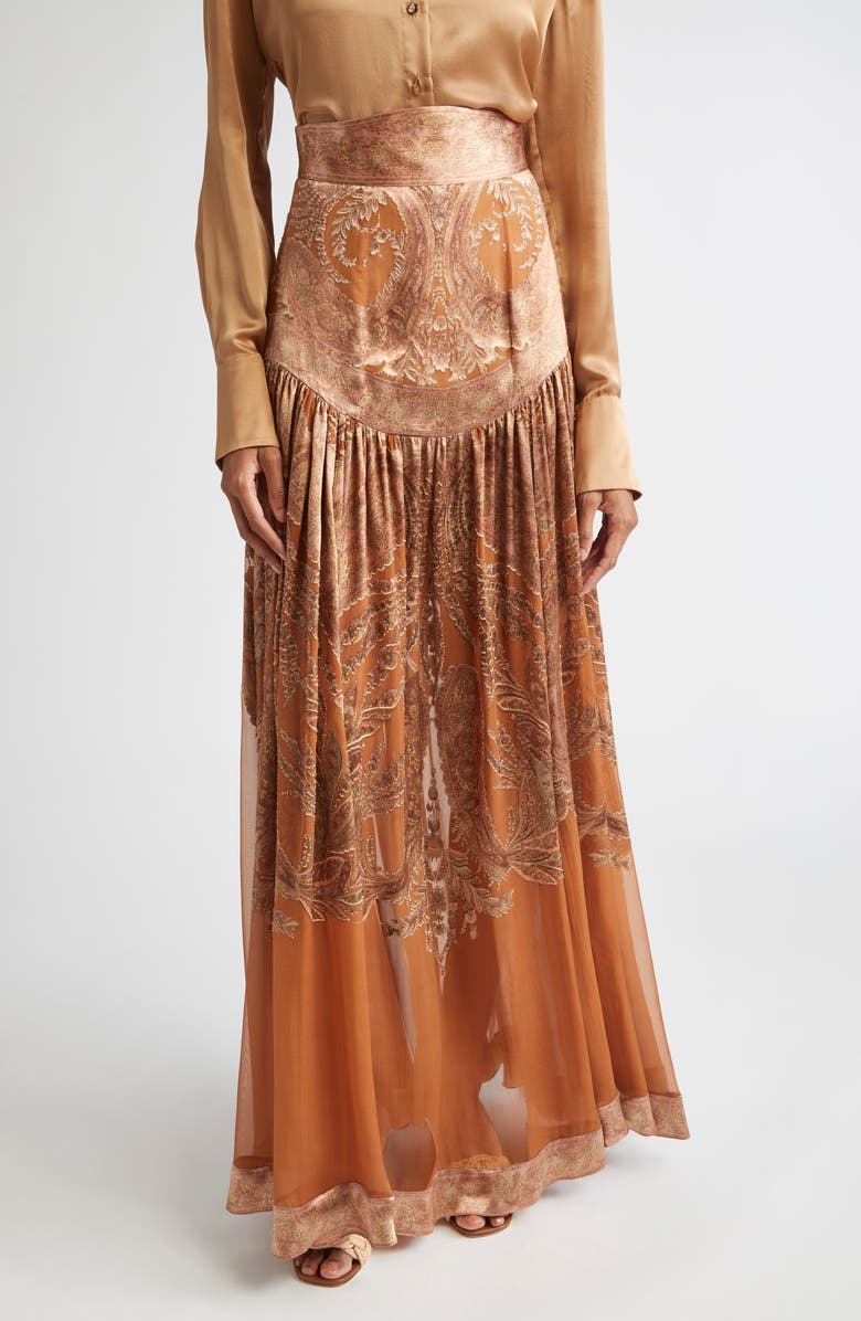 Zimmermann Memento Burnout Paisley Skirt, Main, color, Caramel Paisley