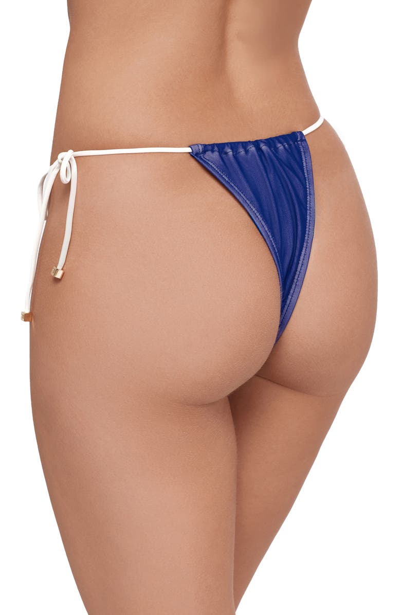 Steve Madden Ruched Faux Pearl Tanga Bikini Bottoms, Alternate, color, Midnight