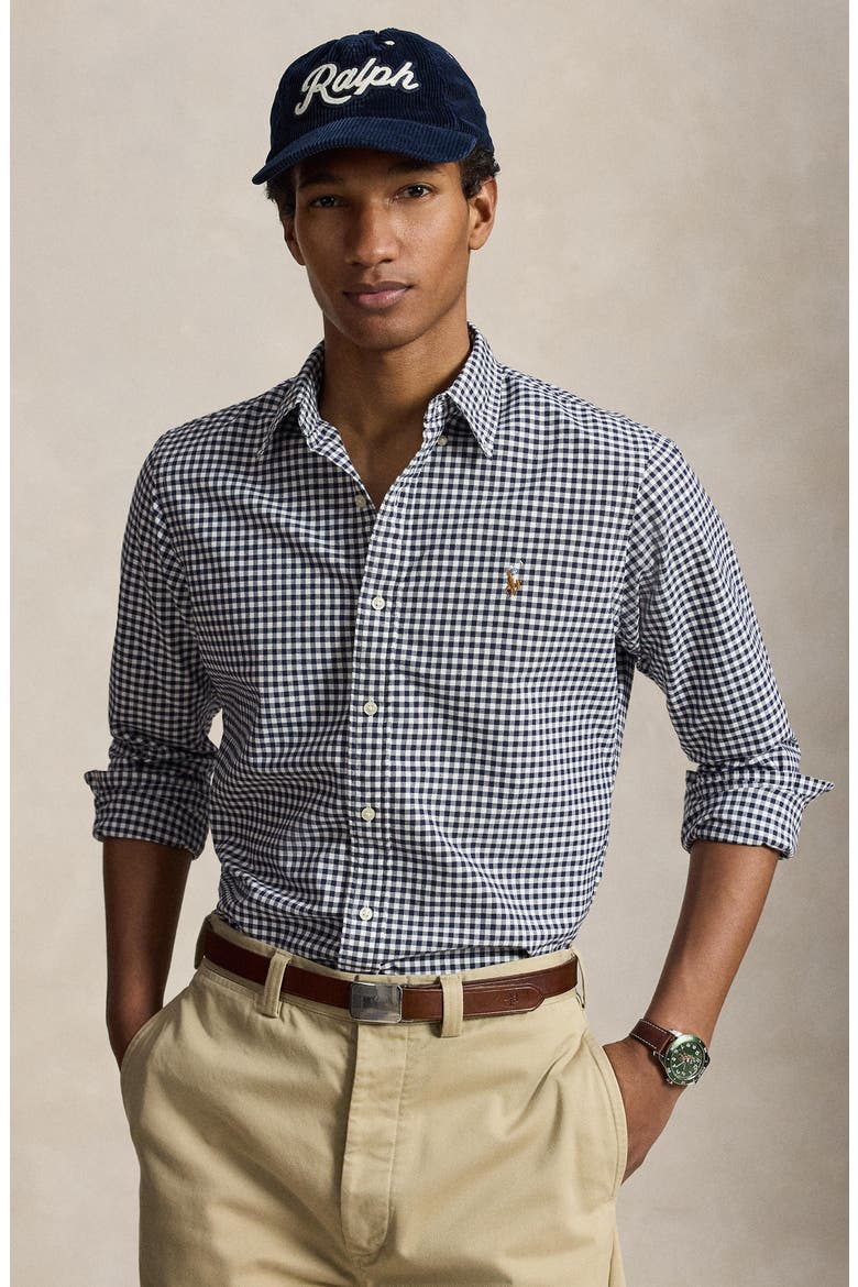 Gingham Long Sleeve Oxford Button Up Shirt, Alternate, color, NAVY/ WHITE
