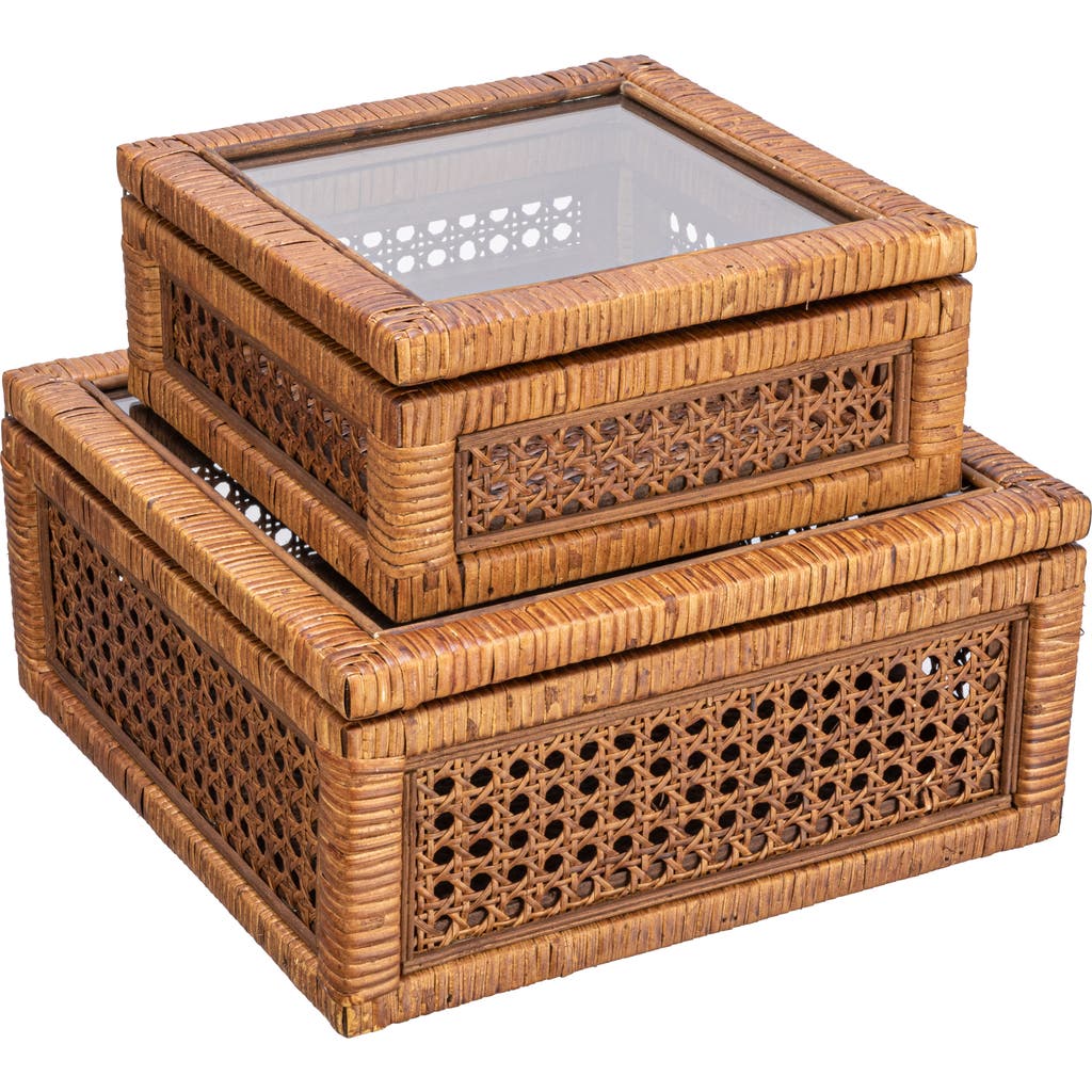 Storied Home Modern Decorative Square Woven Rattan And Wood Display Boxes With Glass Top, Set Of 2 S In Brown