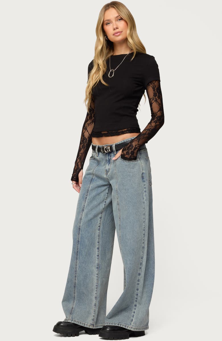 EDIKTED Layered Lace Sleeve T-Shirt, Alternate, color, Black