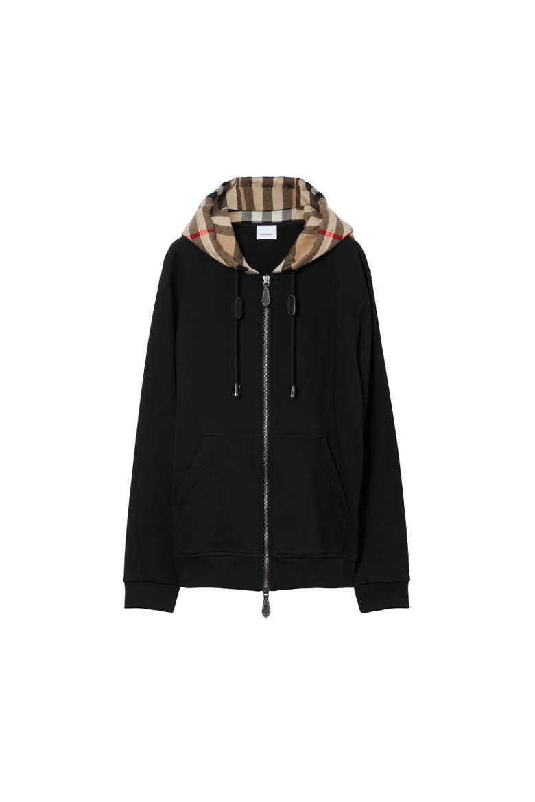 Check Hood Cotton Zip Hoodie, Alternate, color, Black/archive beige