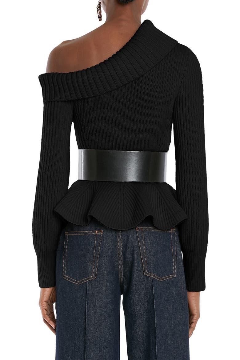 One-Shoulder Turtleneck Peplum Sweater, Alternate, color, BLACK
