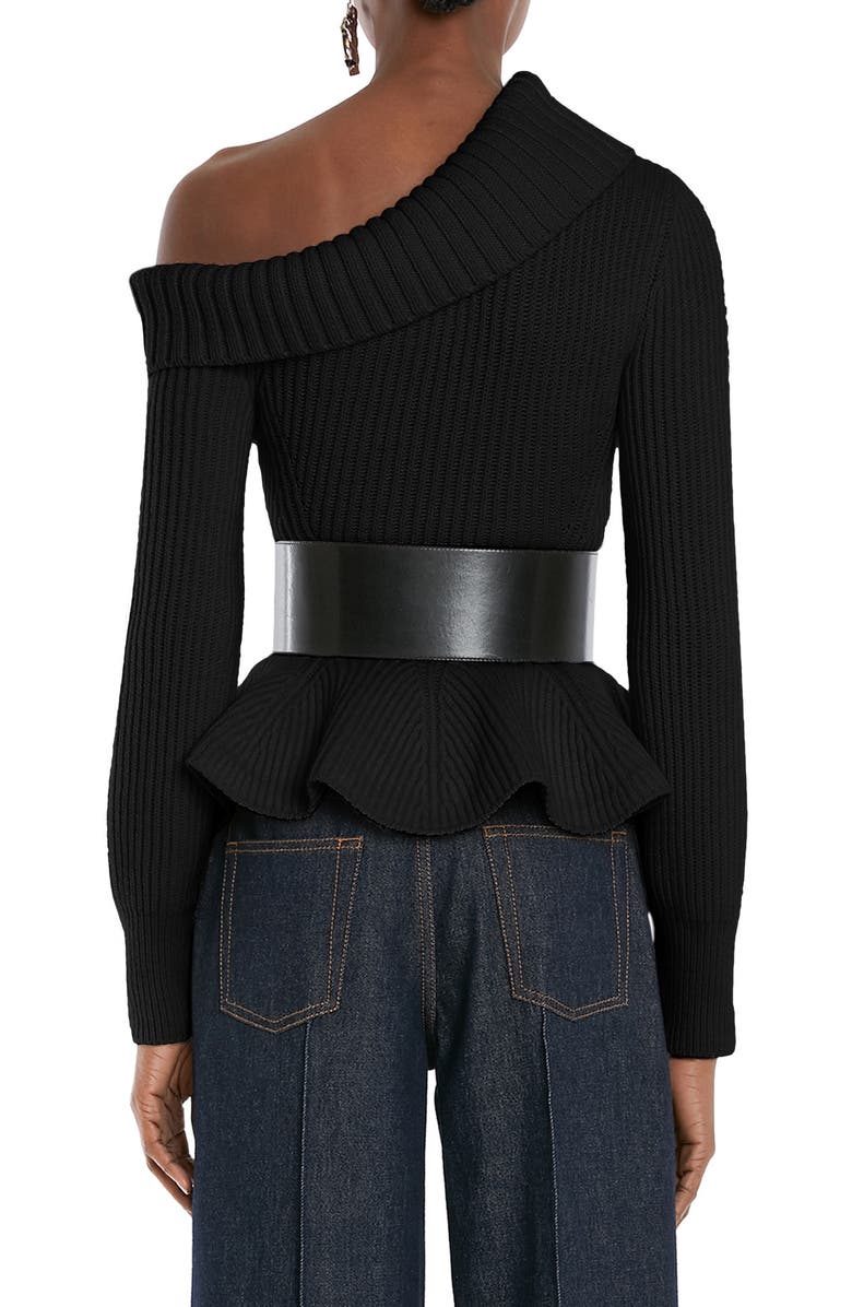 McQueen One-Shoulder Turtleneck Peplum Sweater, Alternate, color,