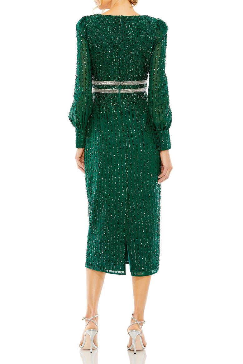 Sequined V Neck Bishop Sleeve Dress, Alternate, color, EMERALD