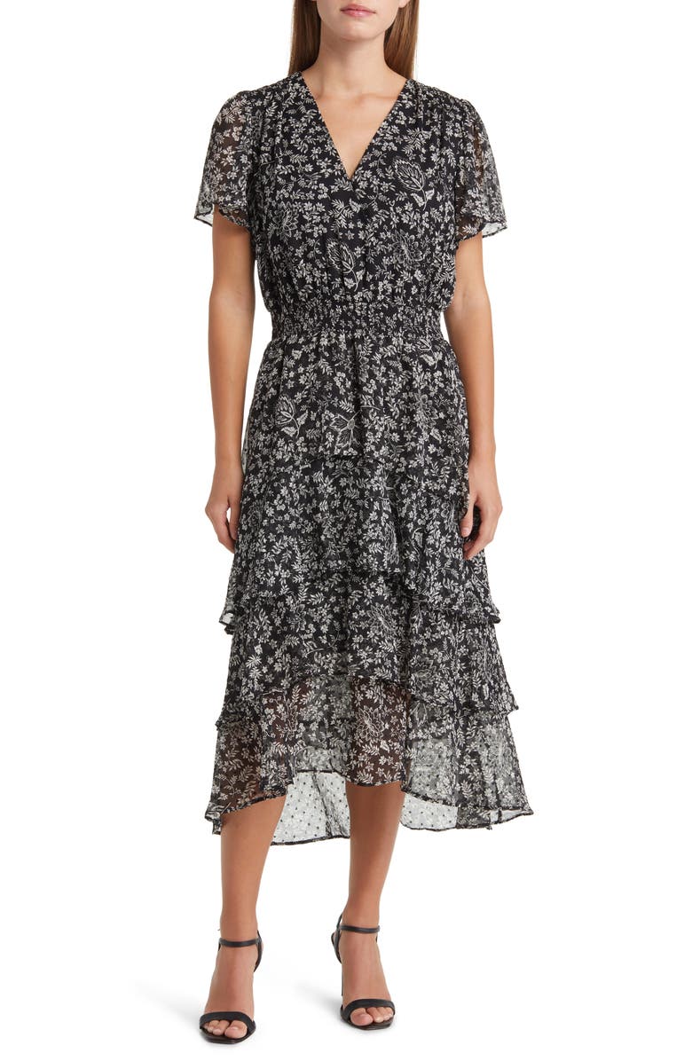 Vince Camuto Floral Print Tiered Chiffon Dress, Main, color,