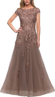 La Femme Long Tulle Gown with Intricate Lace Detailing