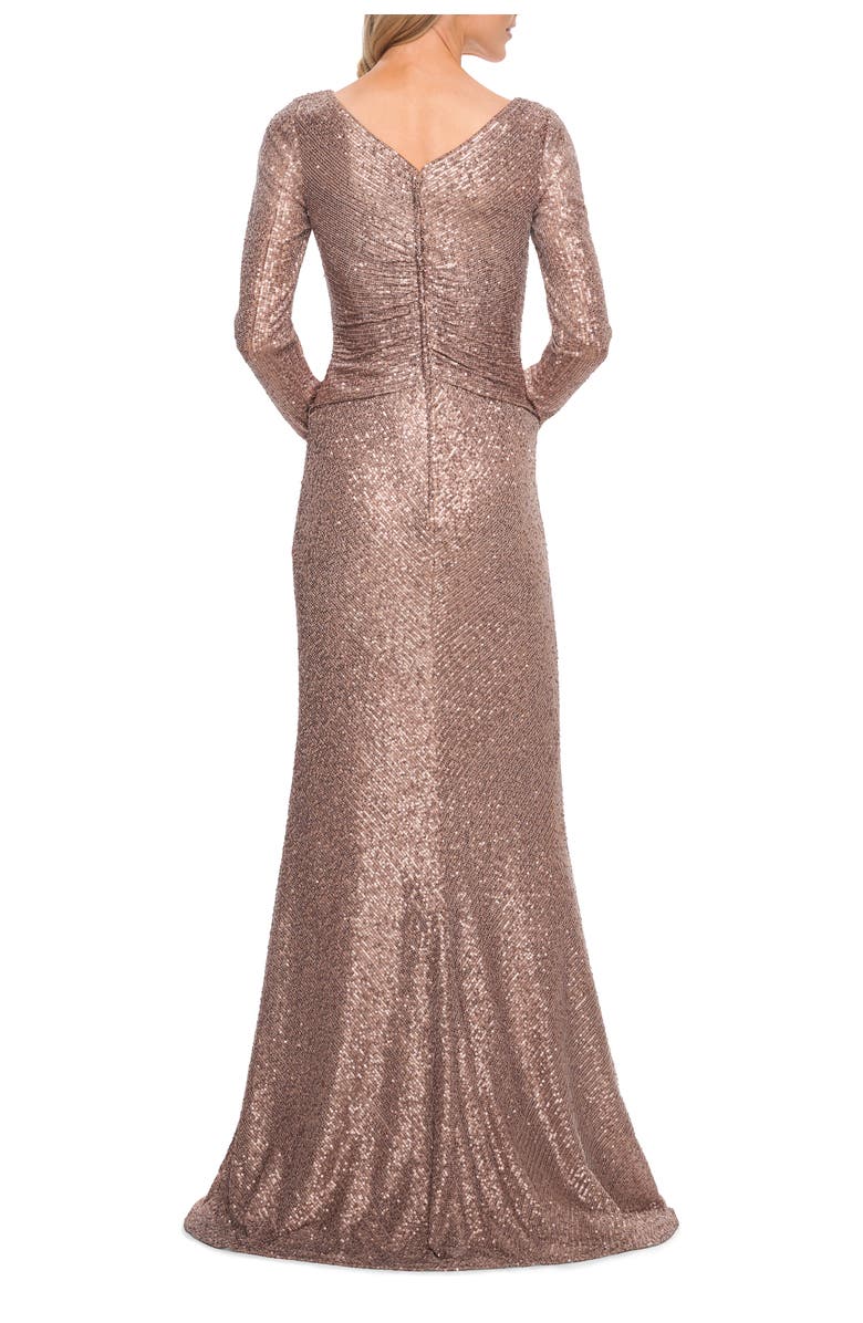La Femme Metallic Sequin Dress with Long Sleeves and V Neck, Alternate, color, Cocoa