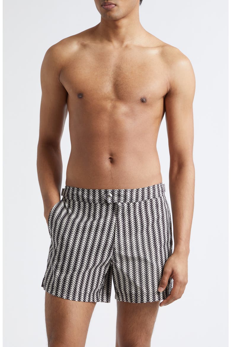 Geometric Print Compact Swim Trunks, Main, color, WHITE/ BLACK