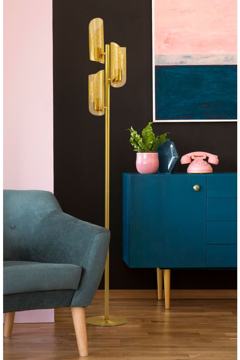 Lyra 71" Mid-Century Modern LED Floor Lamp with Metal Cylinder Shades, Alternate, color, Antique Brass