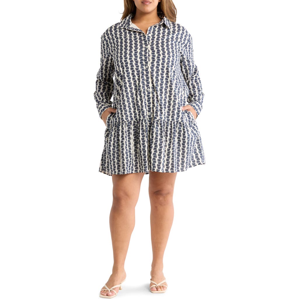 Shop Melrose And Market Long Sleeve Ruffle Hem Shirtdress In Ivory- Navy Azorical Leaf