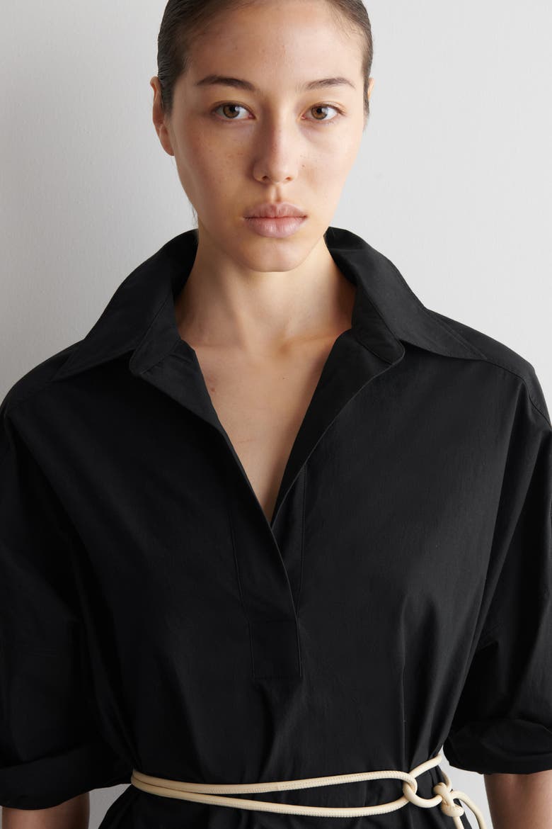 Cotton-poplin Short-sleeved Shirt Dress, Alternate, color, BLACK