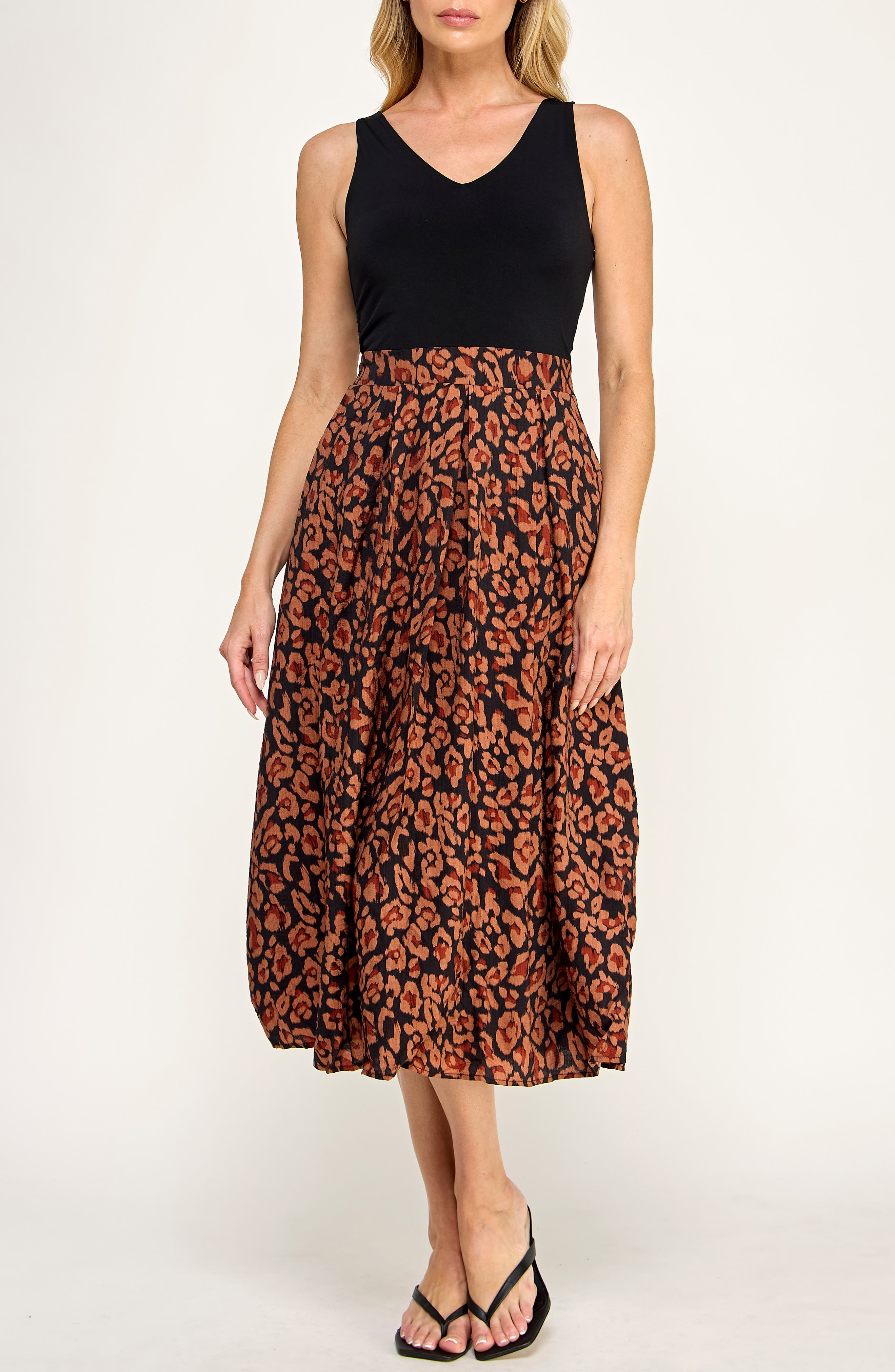 Socialite Mixed Media Midi Dress In Black/ Rust