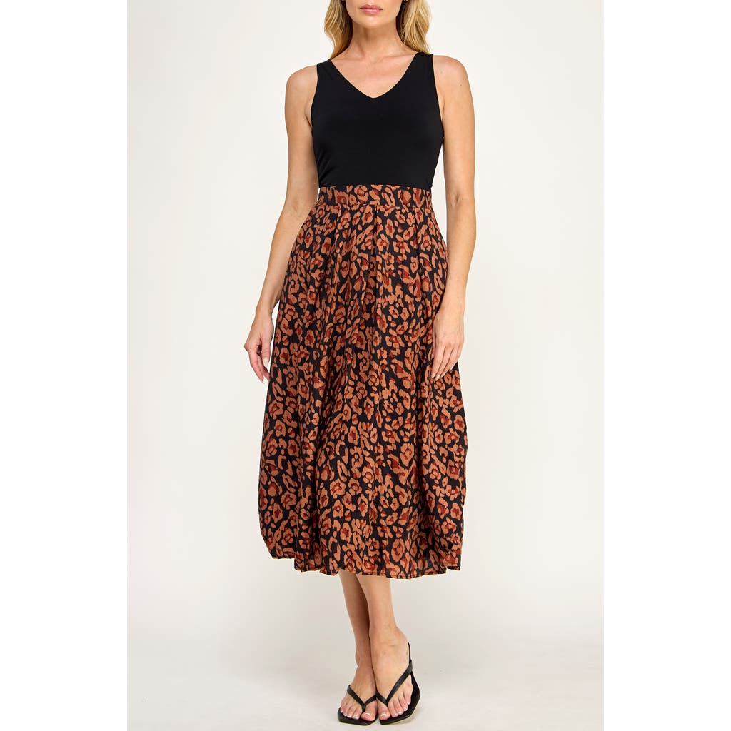 Socialite Mixed Media Midi Dress In Black/ Rust