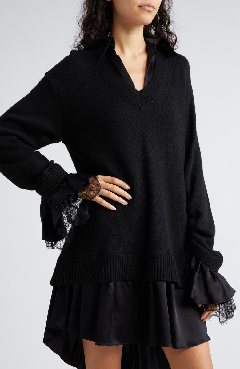 Cinq à Sept Atlas Santina Mixed Media Long Sleeve Sweater Dress, Alternate, color, Black/ Black