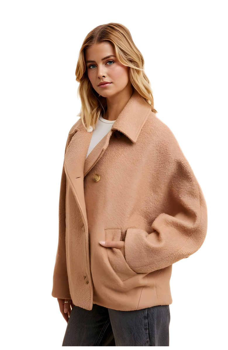 Knit and Lounge Cropped Wool-Blend Coat With Oversized Lapels And Drop Shoulders, Alternate, color, Camel
