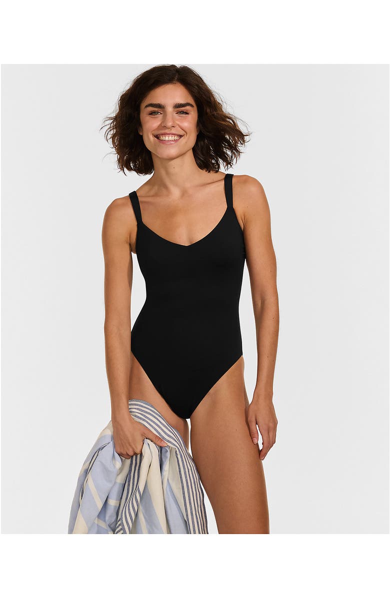 Lands' End V-Neck High Leg Strappy Back One Piece, Alternate, color, Black