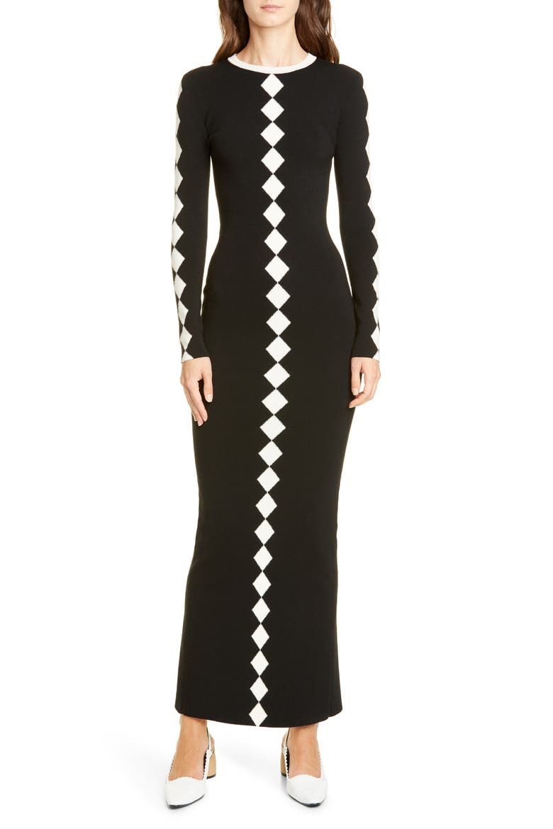 Diamond Jacquard Long Sleeve Wool Maxi Sweater Dress, Main, color, BLACK AND WHITE COMBO