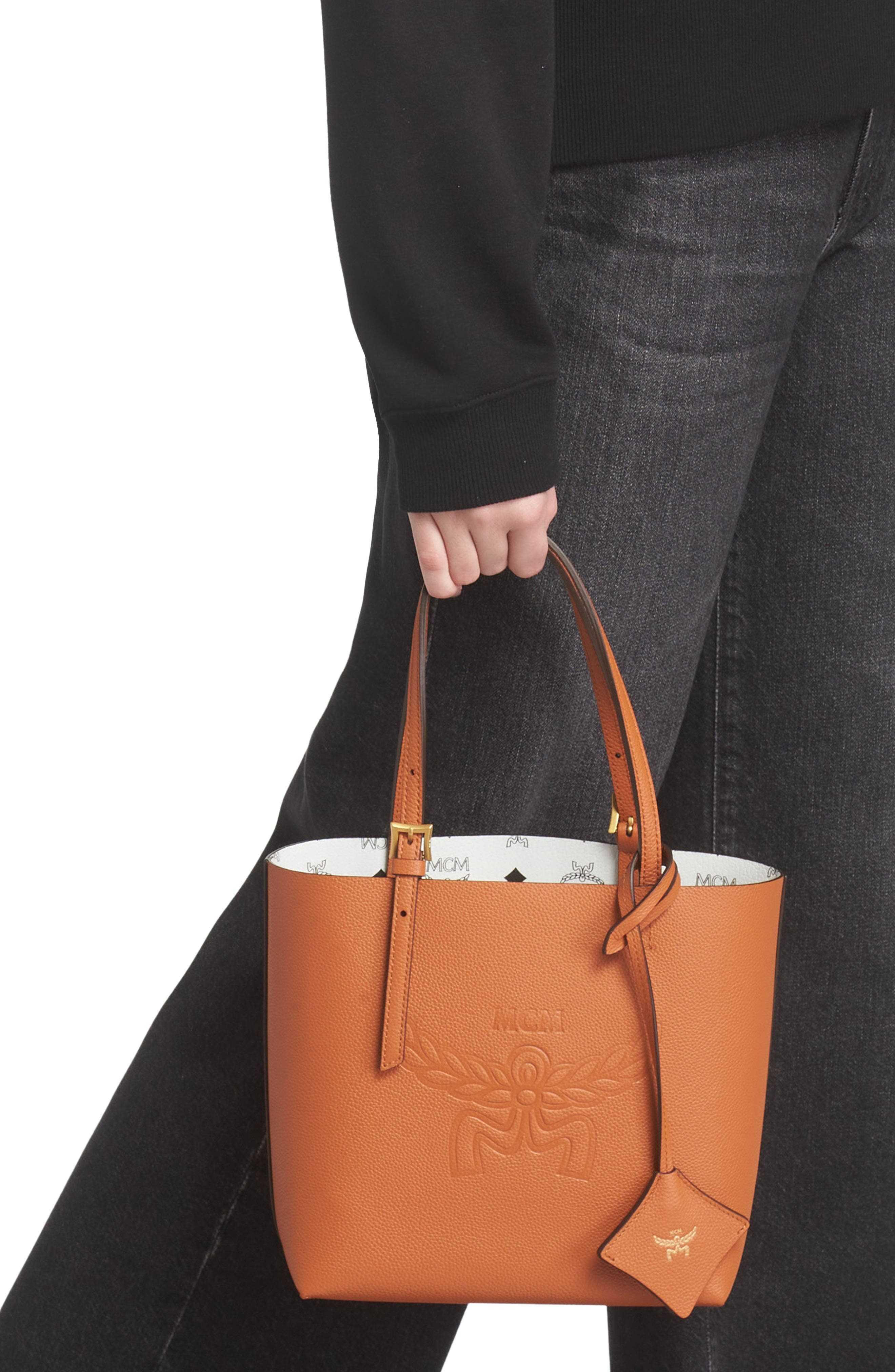 MCM Mini Lauretos Reversible Leather Shopper Bag, Alternate, color, Cognac