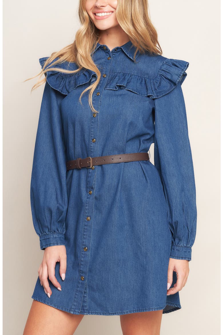 Ruffle Long Sleeve Belted Denim Shirtdress, Alternate, color, MEDIUM INDIGO