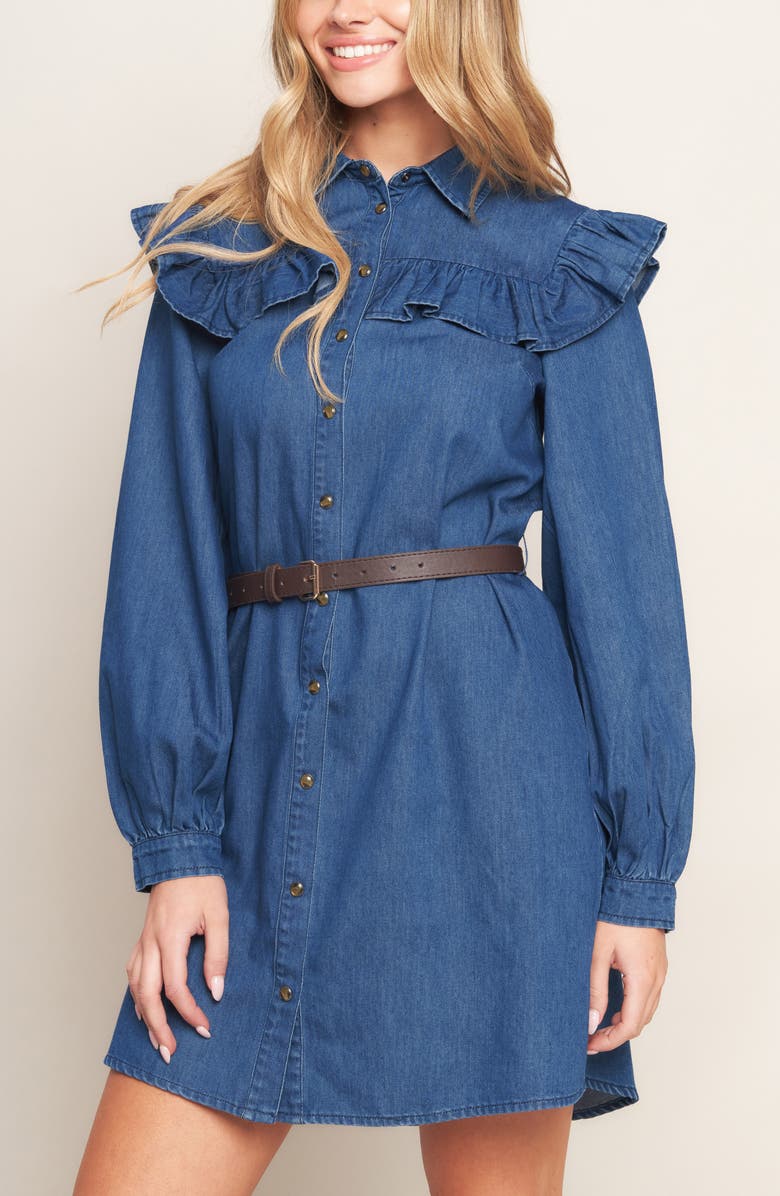 FLYING TOMATO Ruffle Long Sleeve Belted Denim Shirtdress, Alternate, color, Medium Indigo