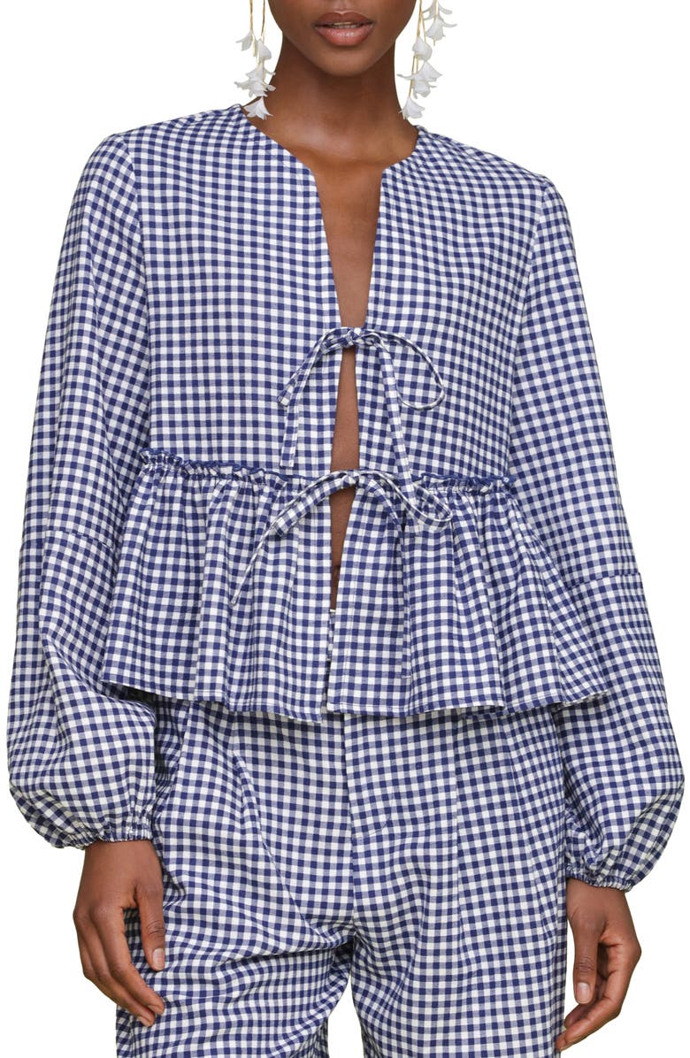Avec Les Filles Tie Front Gingahm Linen Blend Top, Main, color, Navy-White Gingham