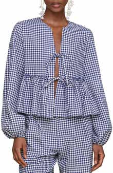 Avec Les Filles Tie Front Gingahm Linen Blend Top