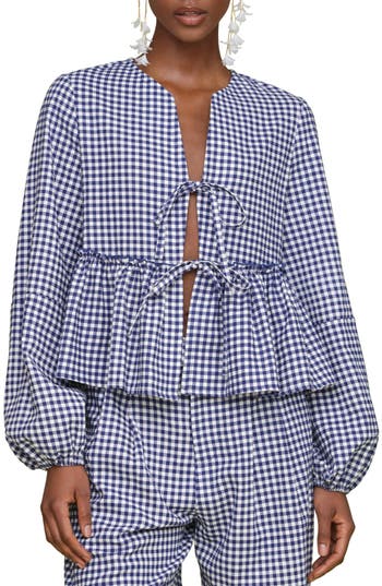 Avec Les Filles Tie Front Gingahm Linen Blend Top
