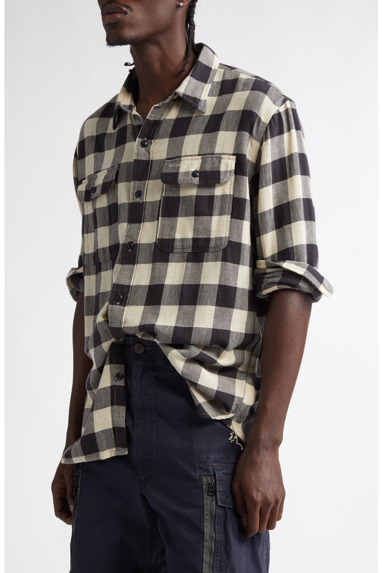 Check Cotton & Linen Flannel Button-Up Shirt, Alternate, color, BLACK/ CREAM