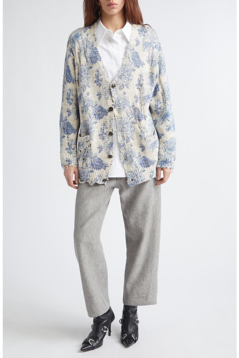 Distressed Oversize Floral Linen Blend Cardigan, Alternate, color, BLUE FLORAL