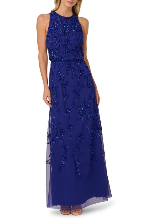 Beaded Blouson Cocktail Maxi Dress