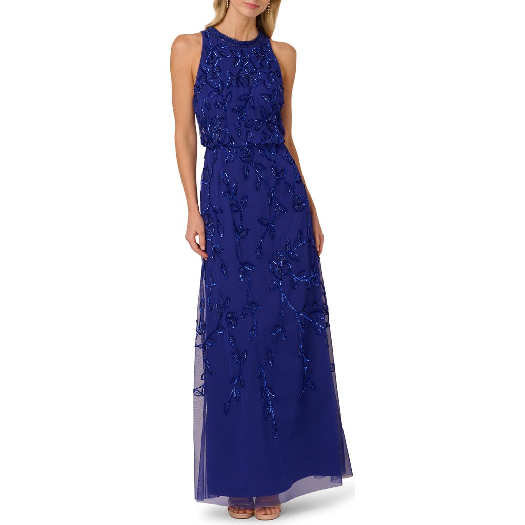 Adrianna Papell Beaded Blouson Cocktail Maxi Dress In Blue