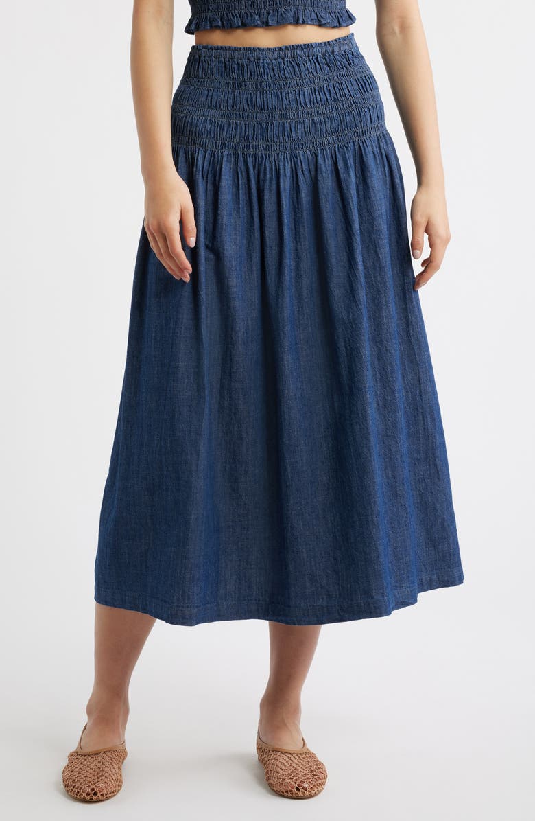 Madewell Smocked Waist Denim Midi Skirt, Main, color, Dark Cove Wash