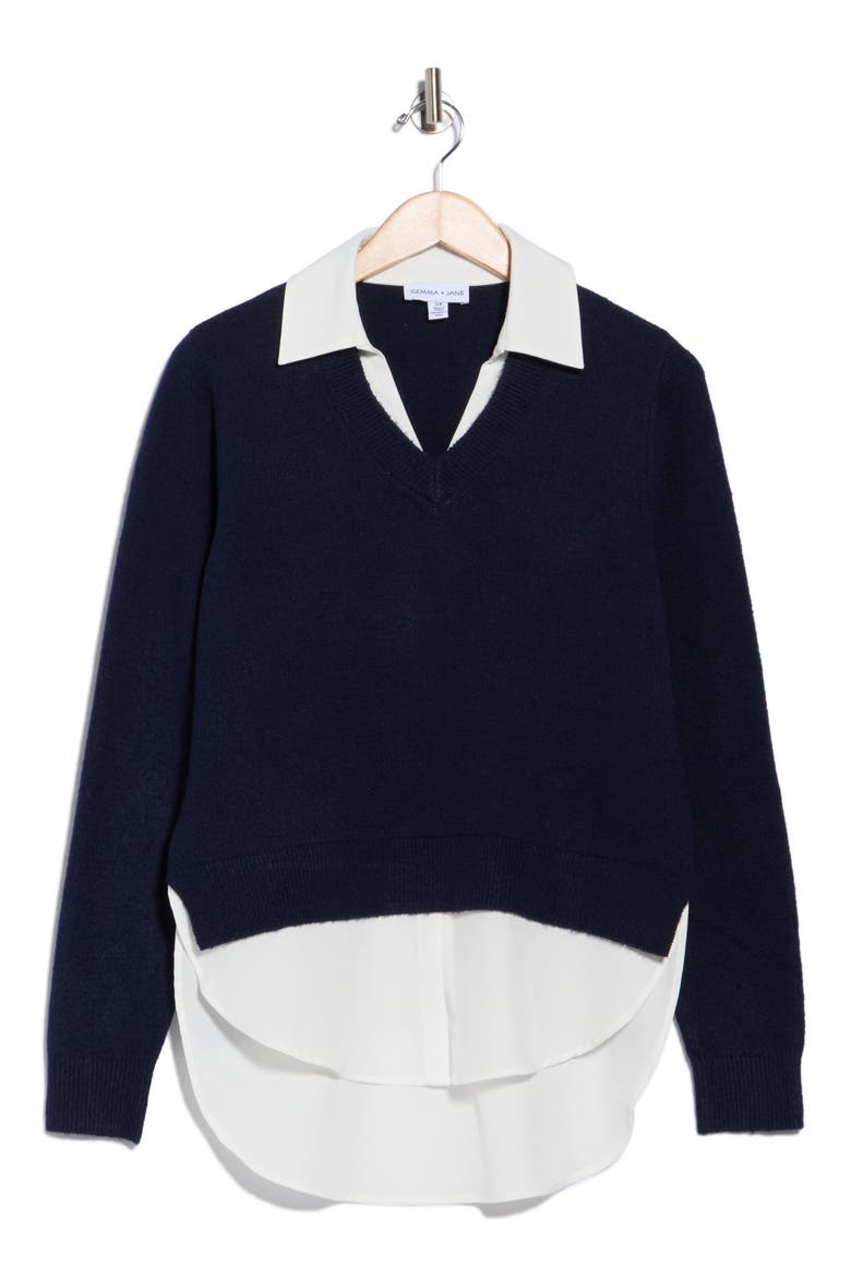 Layered Look V-Neck Sweater, Alternate, color, PITCH NAVY