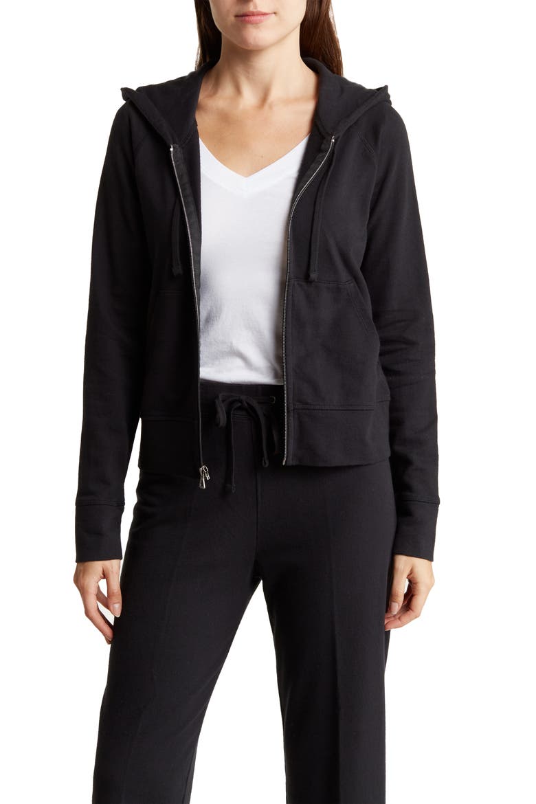 French Terry Crop Zip Hoodie, Main, color, BLACK