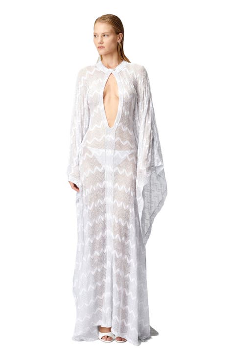 Long Cover-up Caftan In Zigzag Lamé Viscose