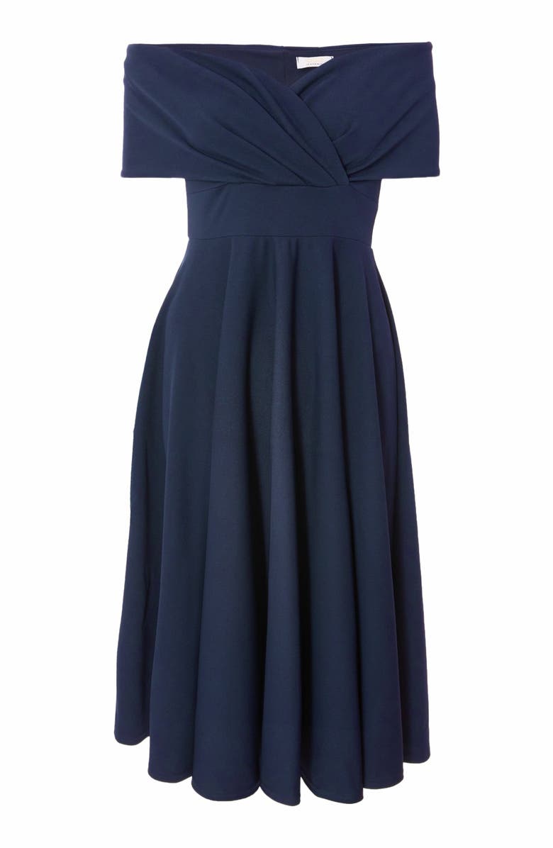 QUIZ Scuba Crepe Bardot Wrap Midi Skater Dress, Alternate, color, 