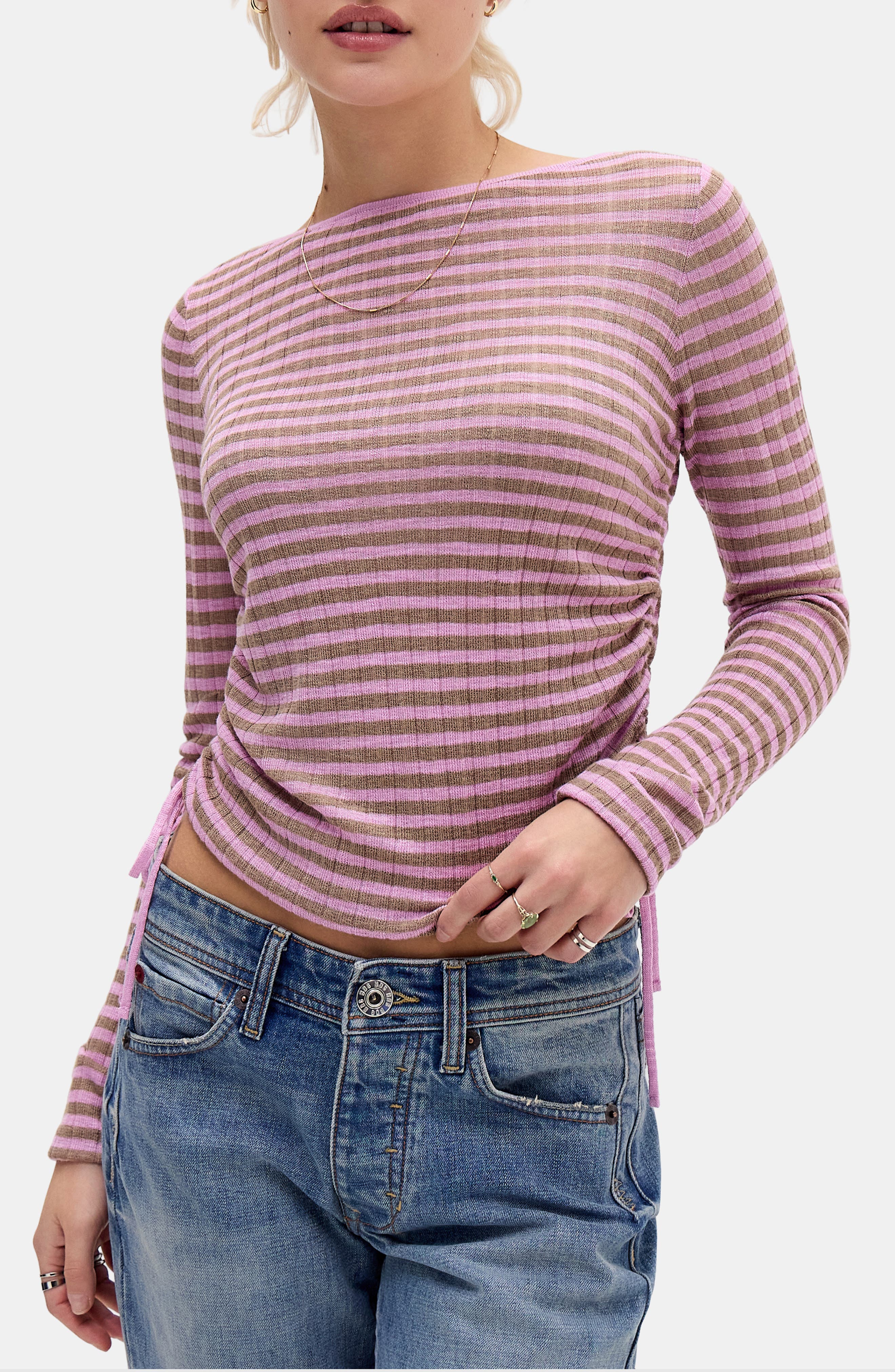 Stripe Side Ruched Sheer Knit Top