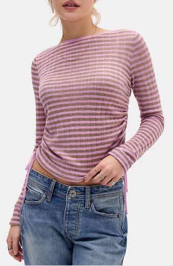 Stripe Side Ruched Sheer Knit Top