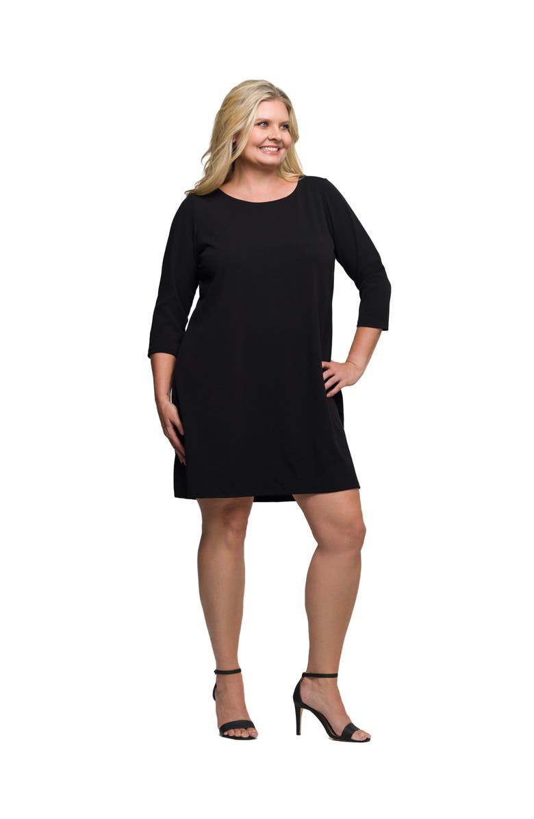 24seven Comfort Apparel Plus Size Three Quarter Sleeve A Line Knee Length Dress, Alternate, color, Black