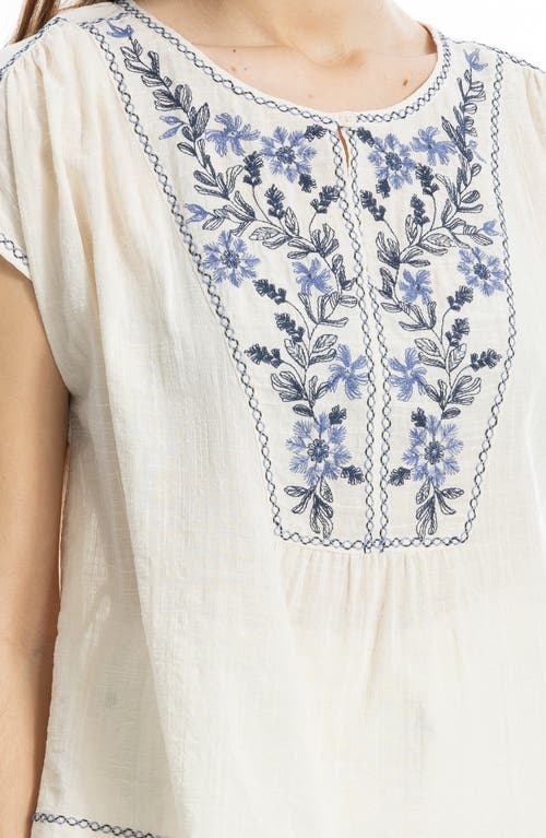 Max Studio Embroidered Short Sleeve Cotton Blend Top In Gray