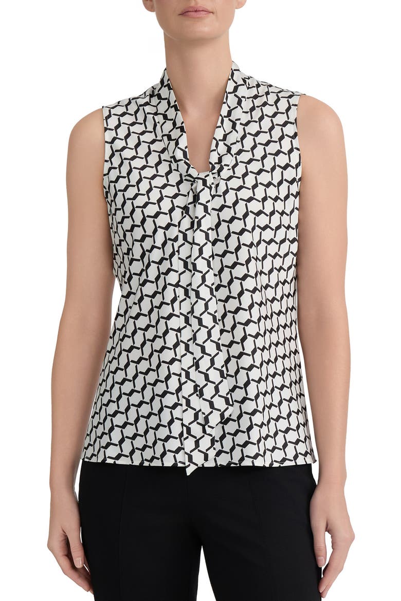 Geometric Print Tie Neck Satin Top, Main, color, VANILLA ICE/ BLACK