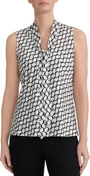 KASPER Geometric Print Tie Neck Satin Top