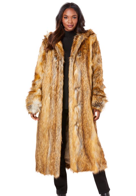 Plus Size Hooded Faux Fur Coat (Plus)
