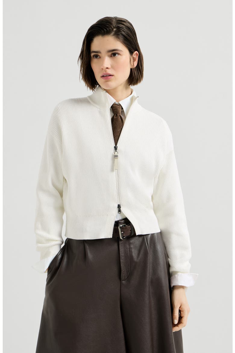 Cotton English rib cardigan with shiny zipper pull, Alternate, color, Panama