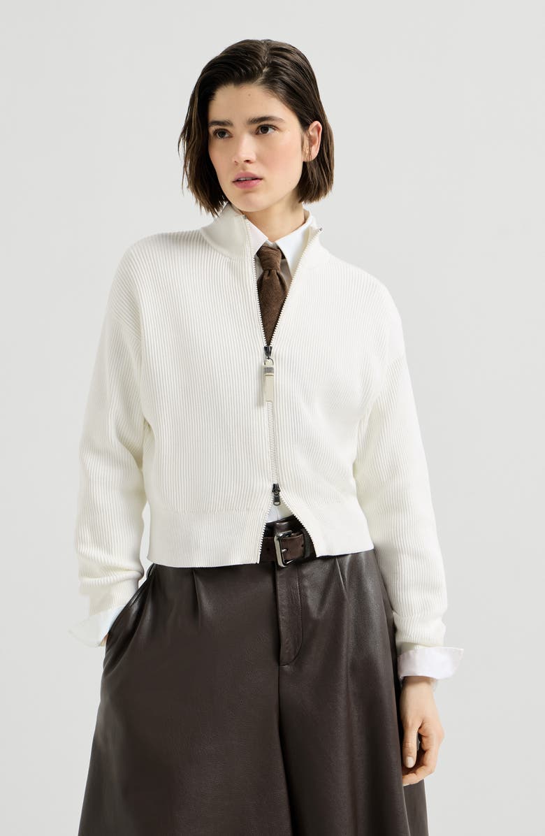Brunello Cucinelli Cotton English rib cardigan with shiny zipper pull, Alternate, color,