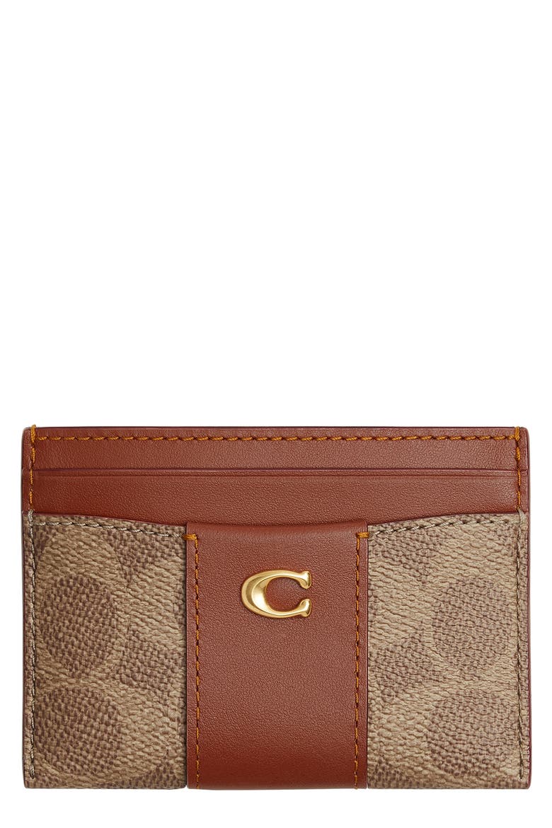 Essential Signature Canvas & Leather Card Case, Main, color, B4/ TAN CARAMEL