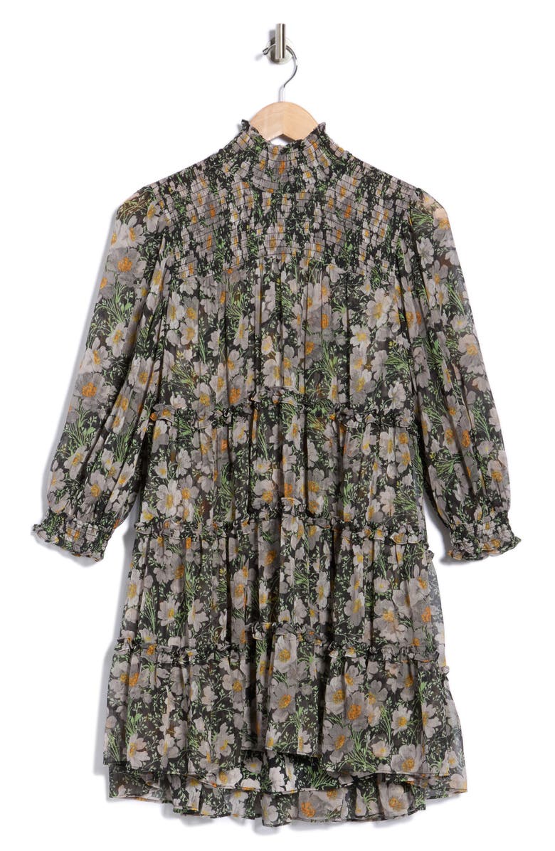 Cinq à Sept Cosmo Flowers Long Sleeve Babydoll Dress, Alternate, color, Black/ London Fog